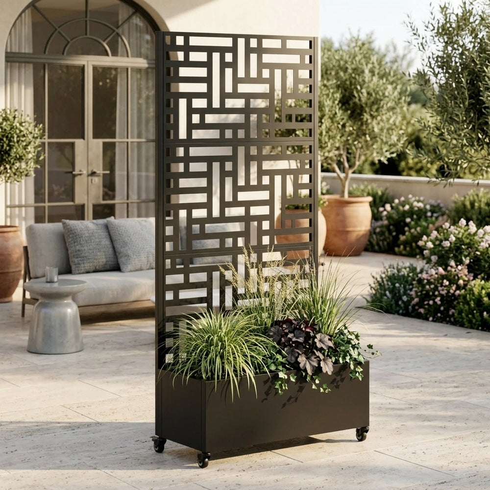 Metal Planter Box with Trellis, 73'x35'x16 Metal Raised Garden Bed with Trellis, Metal Planter Box with Drainage Holes & Lockable Wheels & Privacy Screen for Climbing Plants, Vegetables, Vines Media 1