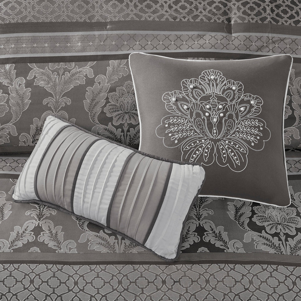 7 Piece Jacquard Comforter Set Grey Cal King Media 4