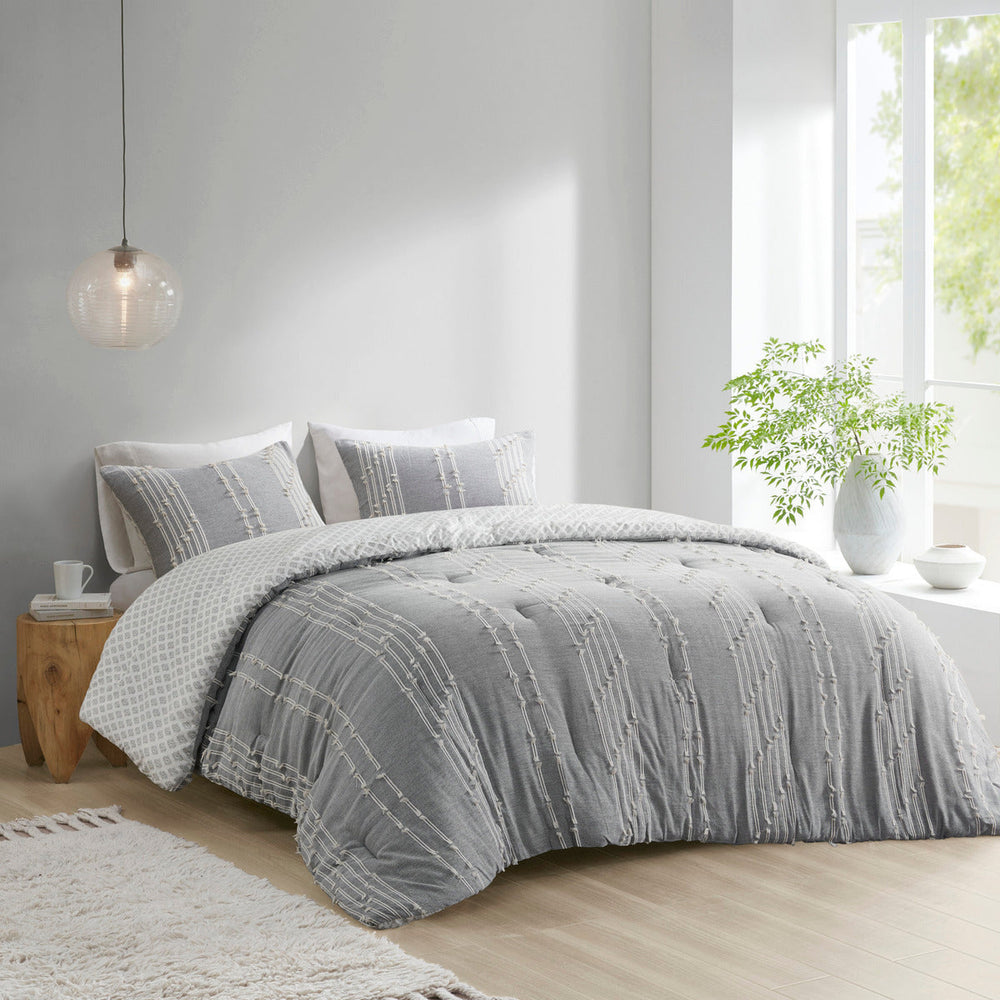 3 Piece Cotton Jacquard Comforter Set Gray Full/Queen Media 1