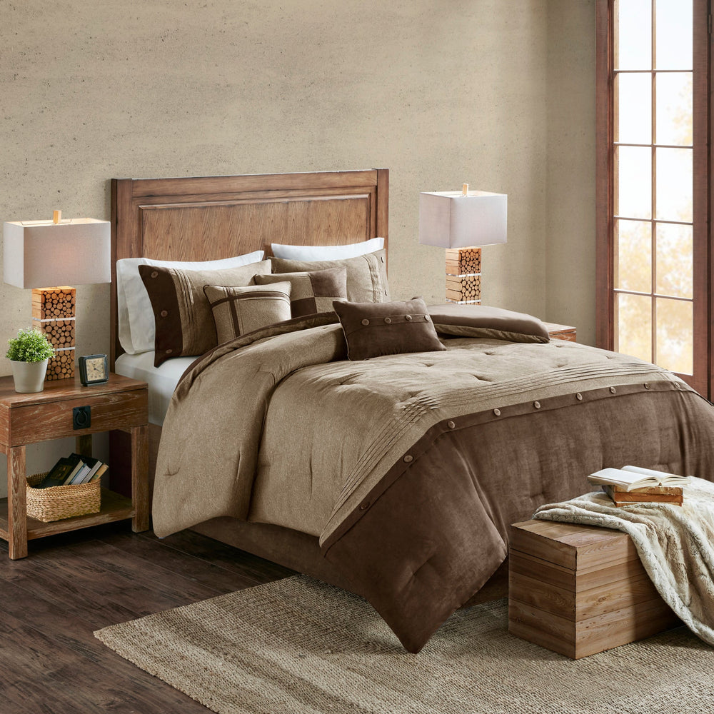 7 Piece Faux Suede Comforter Set Brown King Media 1