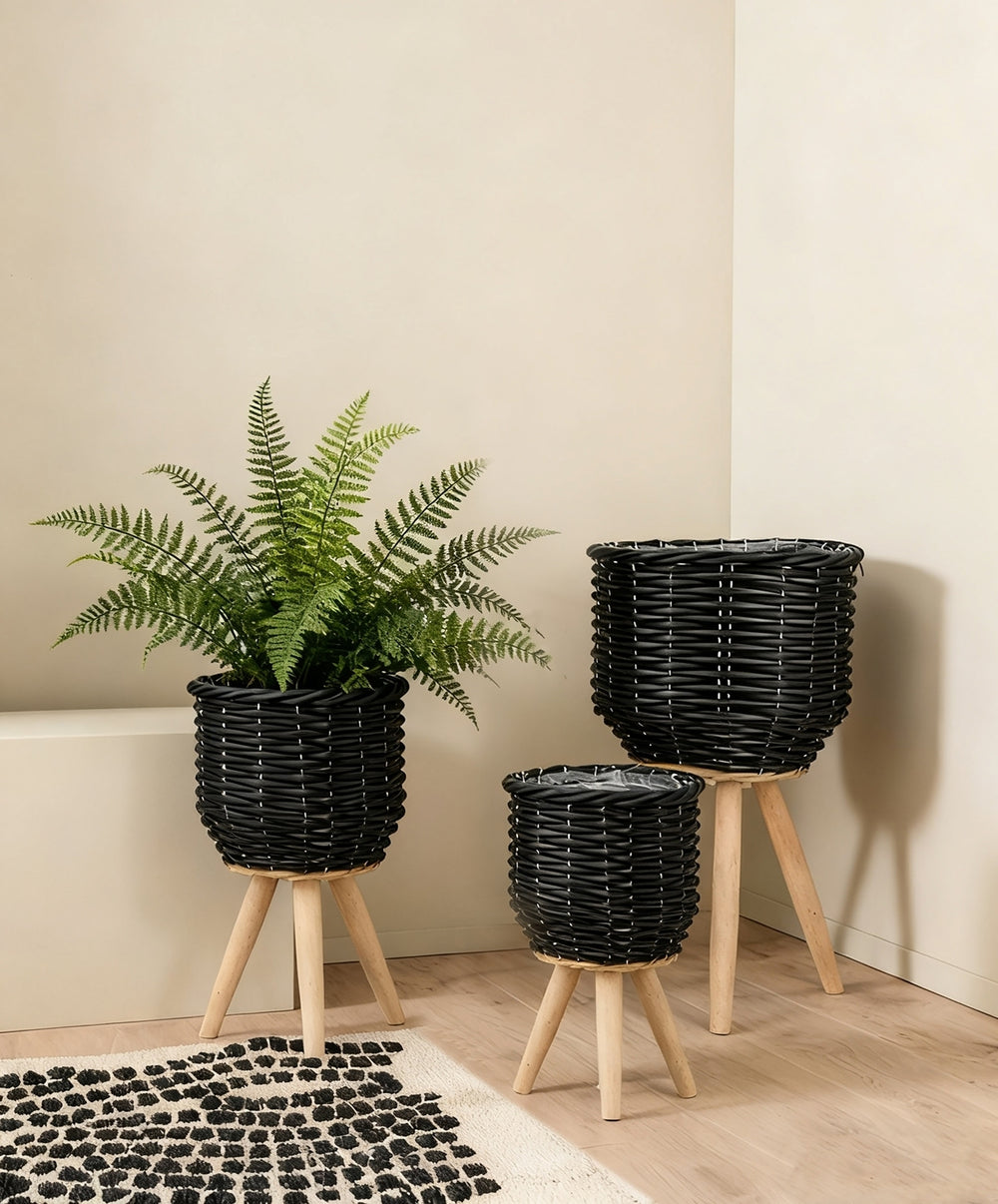 Set of 3 Black Poly Rattan Baskets with Rope Texture and Tapered Wooden Legs, L:12x12x23.5' M:10x10x17.5' S:8x8x13.5' Media 5