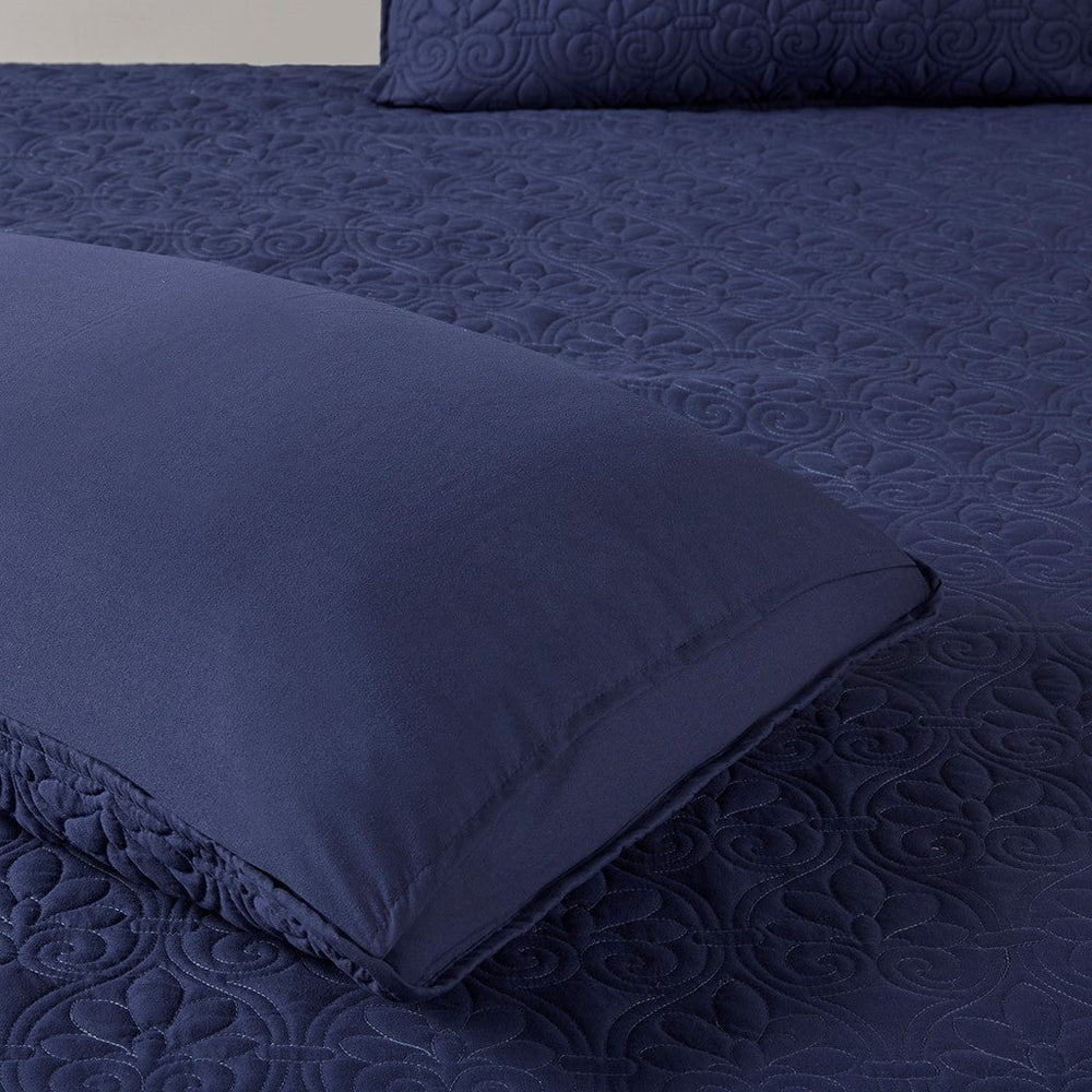 3 Piece Split Corner Pleated Quilted Bedspread Navy King Media 6