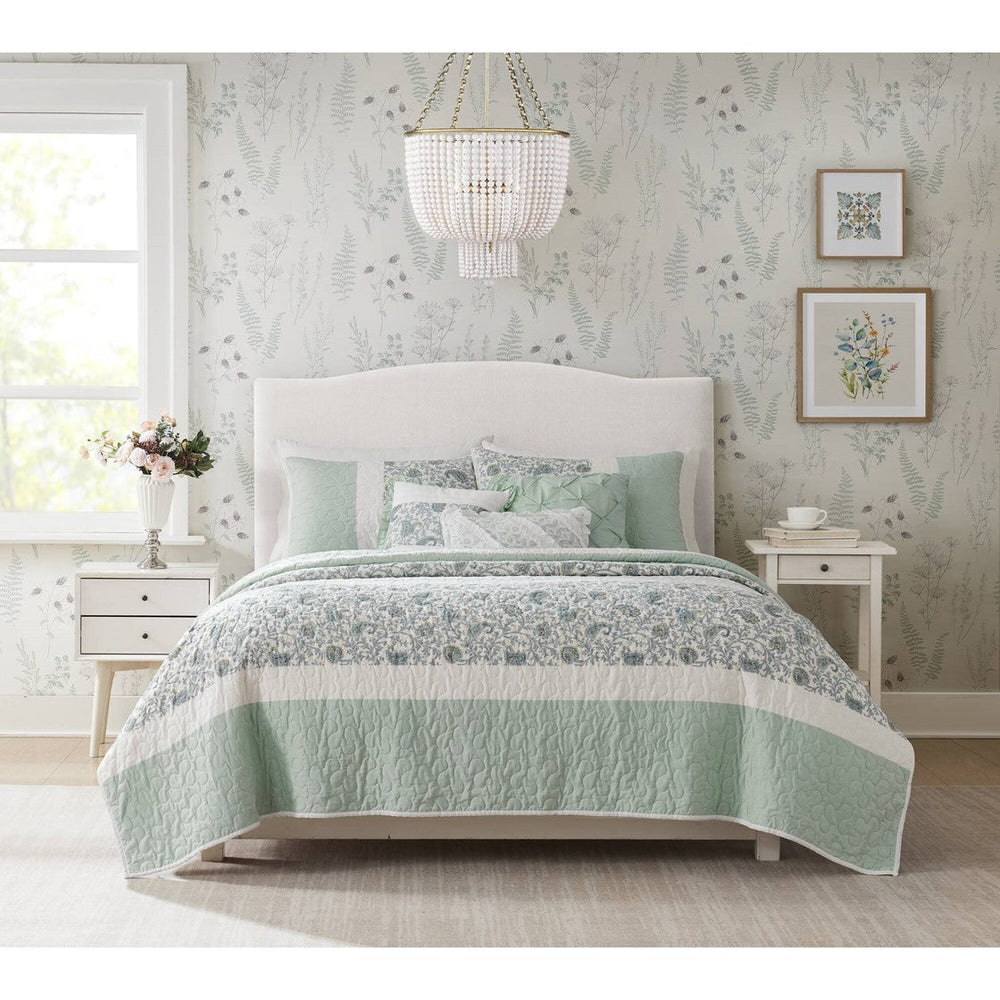 6 Piece Cotton Percale Quilt Set with Throw Pillows Aqua Full/Queen Media 3