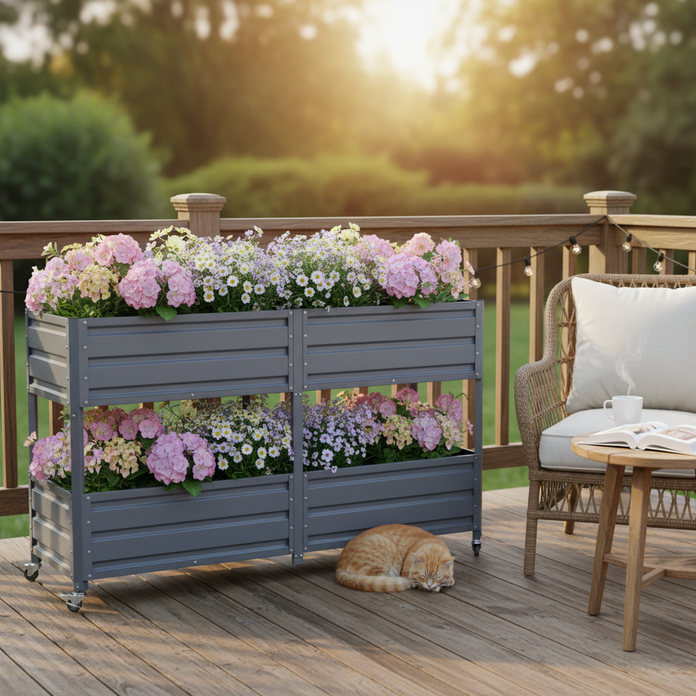 Dual Tier Elevated Metal Raised Garden Bed with Lockable Wheels, Staggered 2-Layer Raised Planter Box for Vegetables Herbs Flowers, Outdoor Patio Backyard Green Planting Bed,Grey Media 2