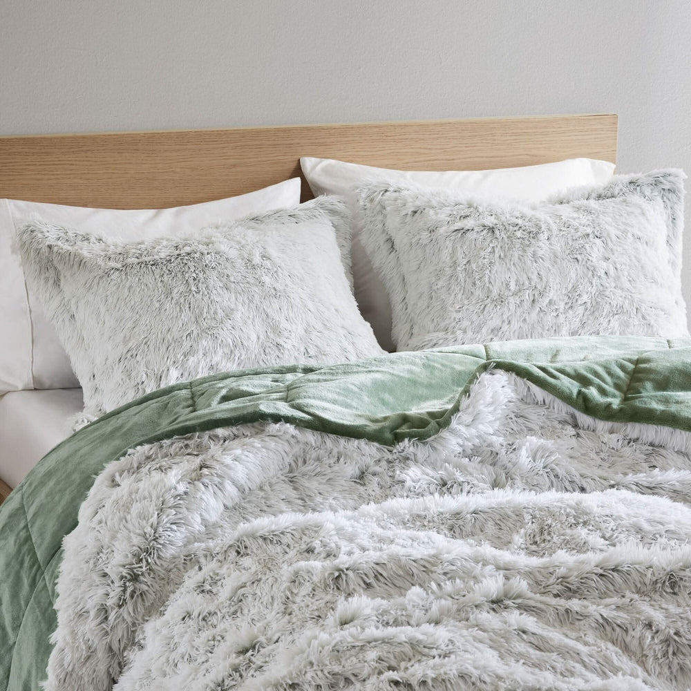 Faux Fur Comforter Set Shaggy King Cal King Green White Bedding for Bedroom 3 Piece Media 3