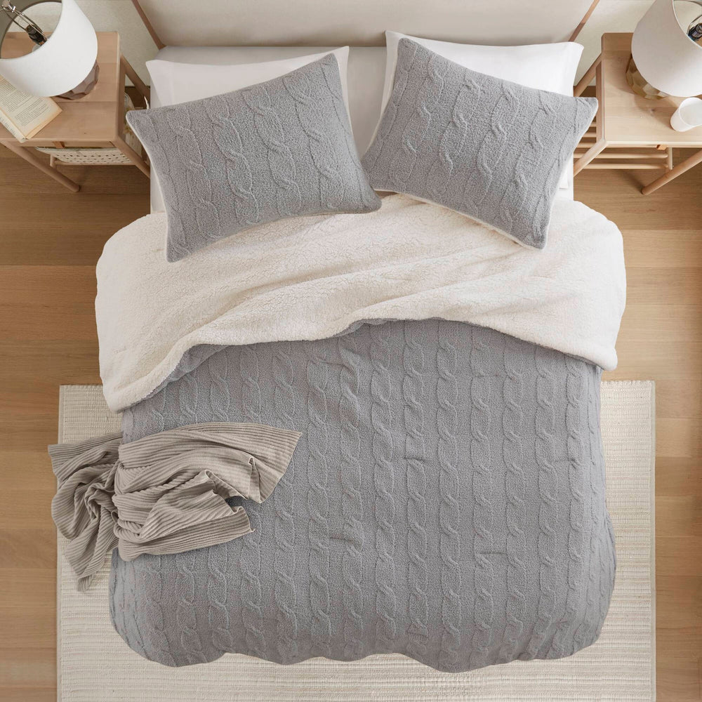 2 Pieces Twin Cable Knit Chenille Comforter Set,Gray Media 13