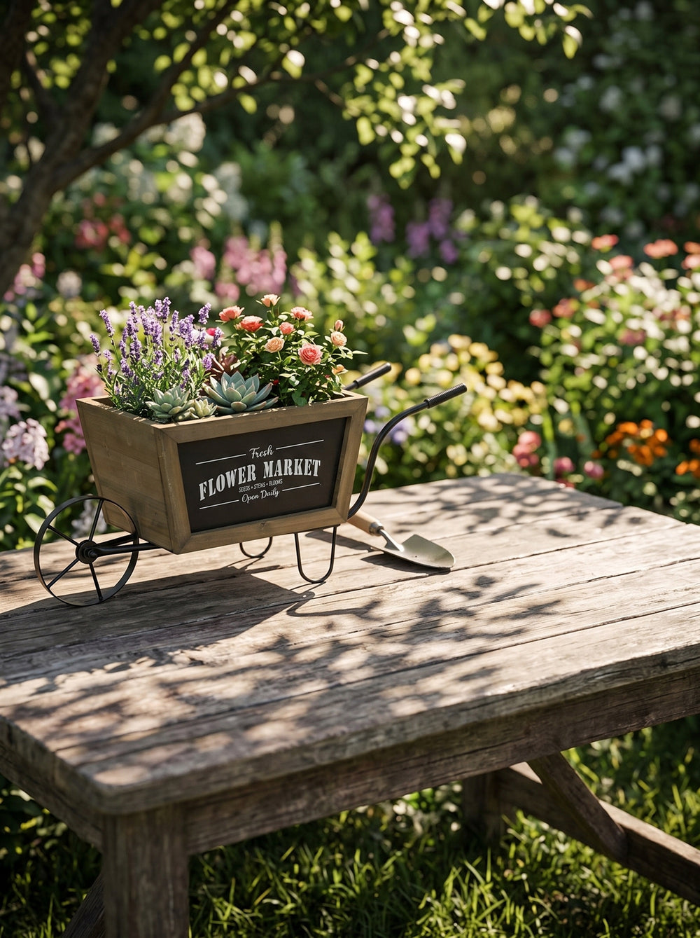 19.5x7.9x8.3' Brown Wooden Wheelbarrow Planter with Black Iron Frame Media 6