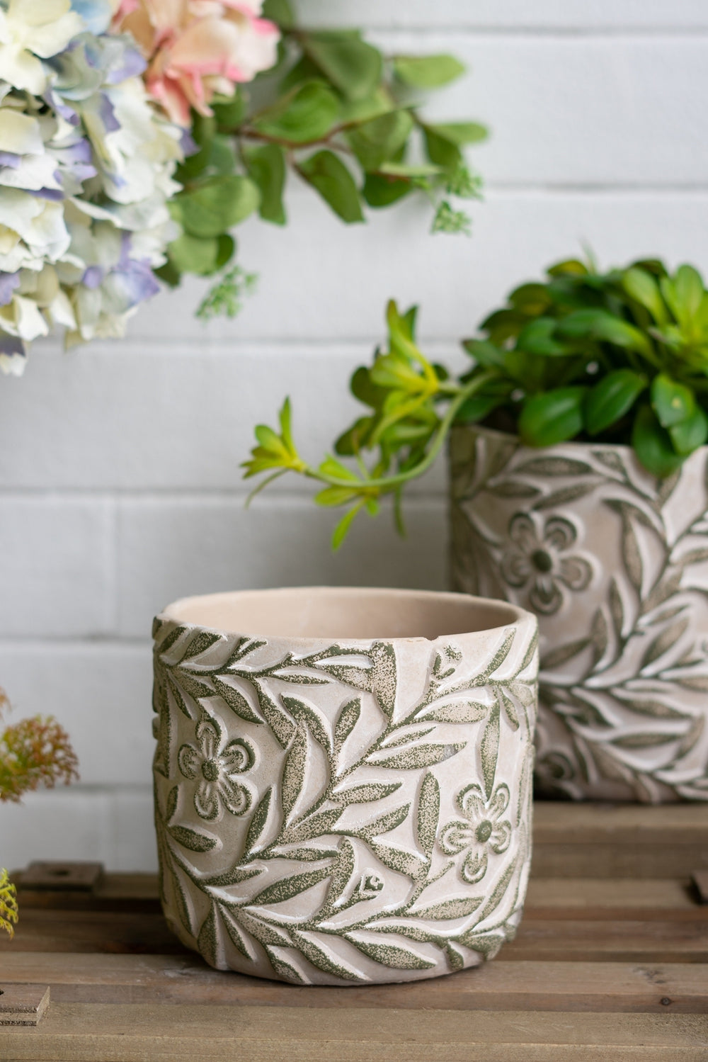 S/2 Gray Sand and Cement Planters with Etched Green Floral Motif, L:D6.7x6.3' S:D5.5x5' Media 10