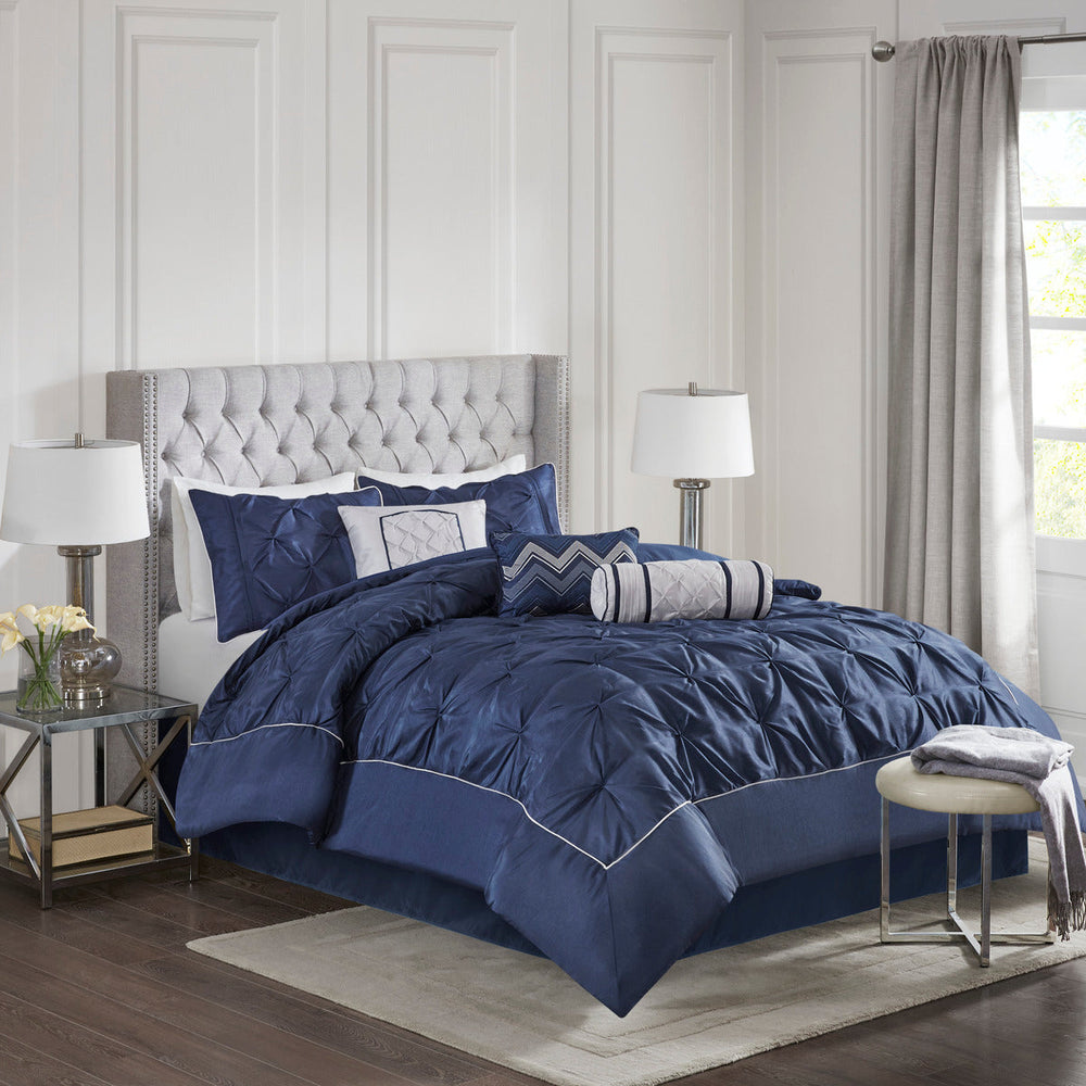 7 Piece Tufted Comforter Set Navy Cal King Media 1