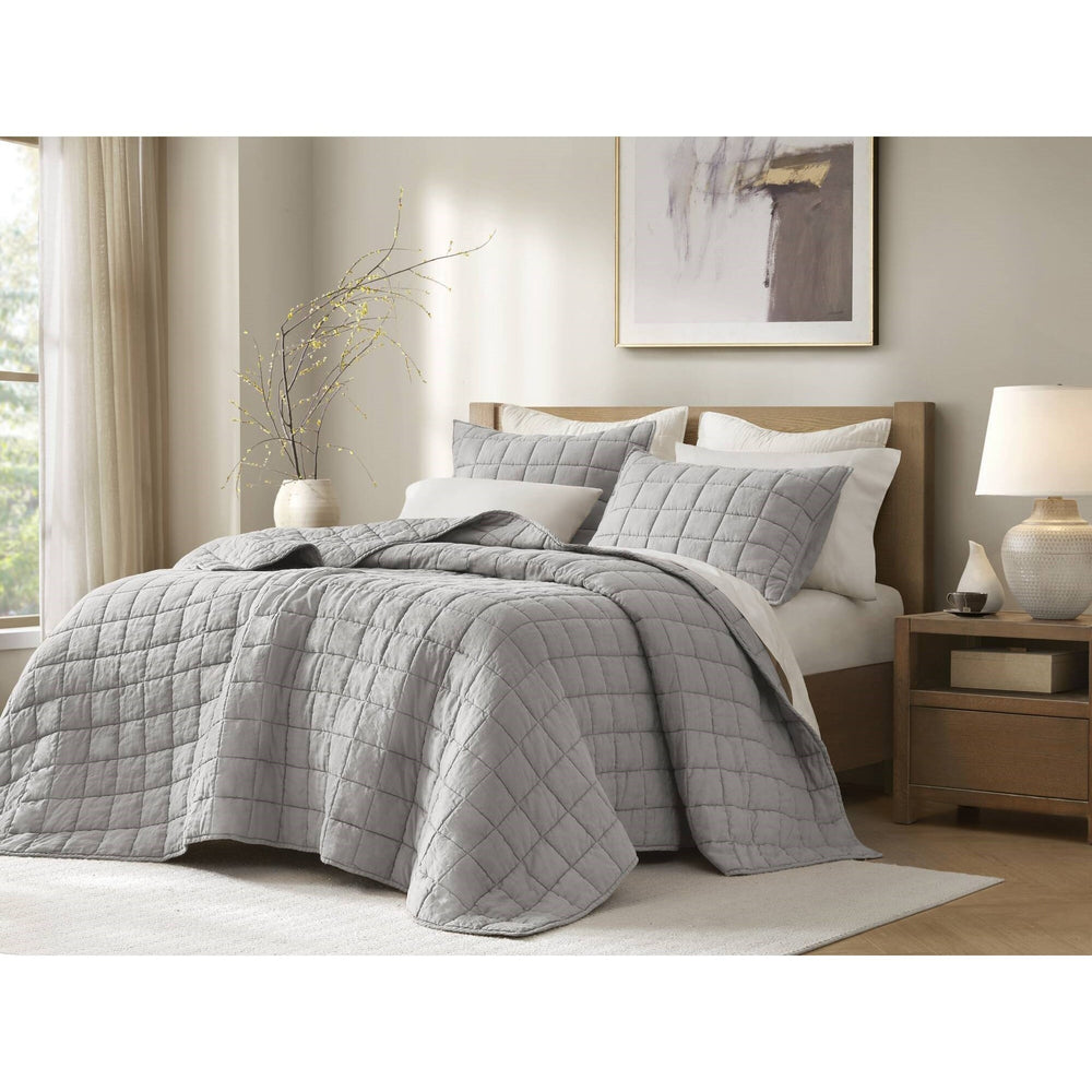 3-Piece Full/Queen Linen Garment Washed Quilt Set,Gray Media 5