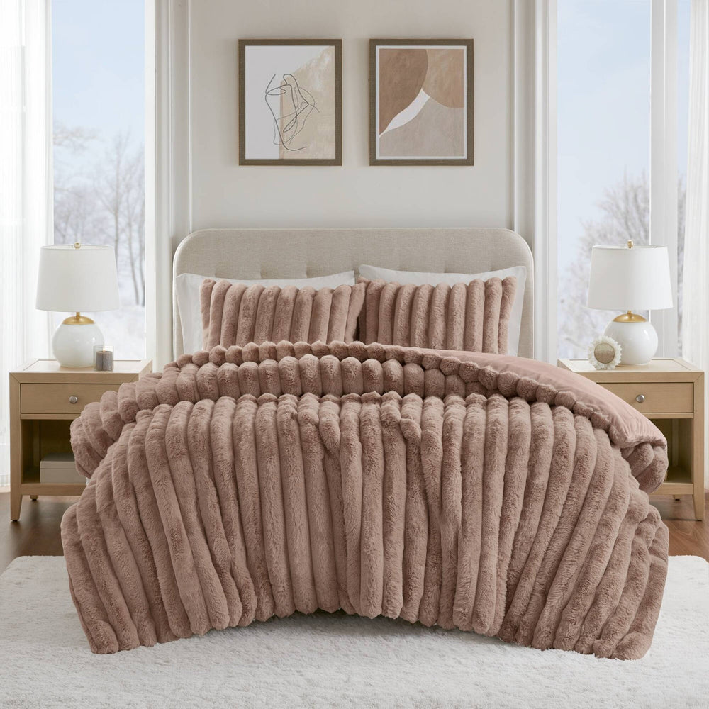 3 Pieces Full/Queen Ultrasoft Faux Fur Ribbed Comforter Set,Mocha Media 19