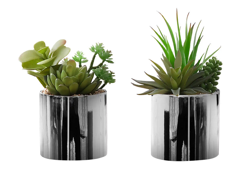 Artificial Plant, 7' Tall, Succulent, Indoor, Faux, Fake, Table, Greenery, Potted, Set Of 2, Decorative, Green Plants, Chrome Pots