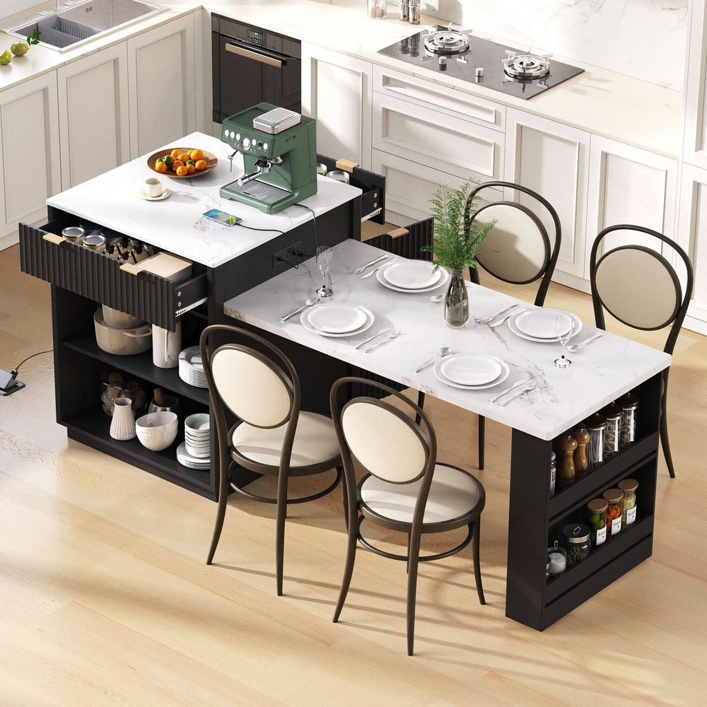Kitchen Island Modern With Extendable Dining Table & Power Outlet For 4-6 People Black Media 2
