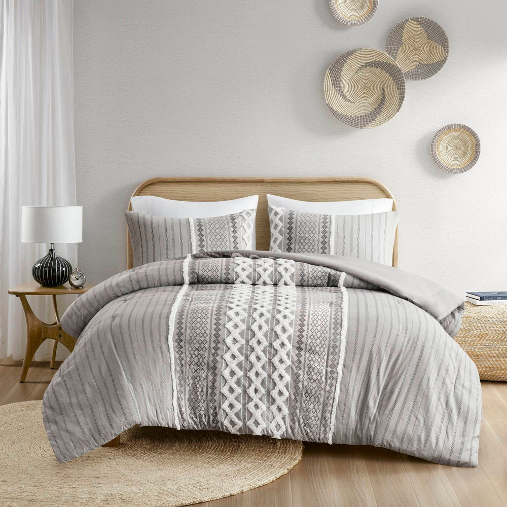Cotton Printed Comforter Set with Chenille Gray King/Cal King Media 14