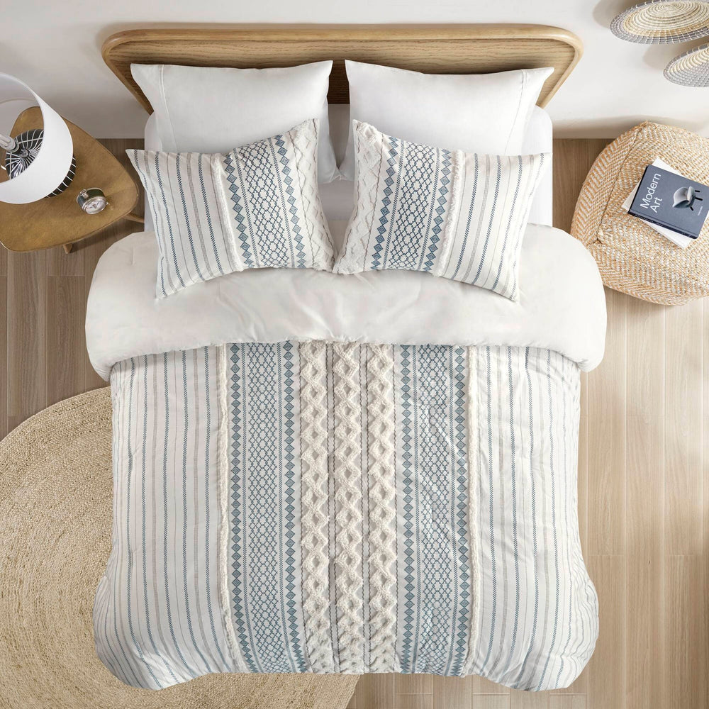 Cotton Printed Comforter Set with Chenille White/Navy King/Cal King Media 6