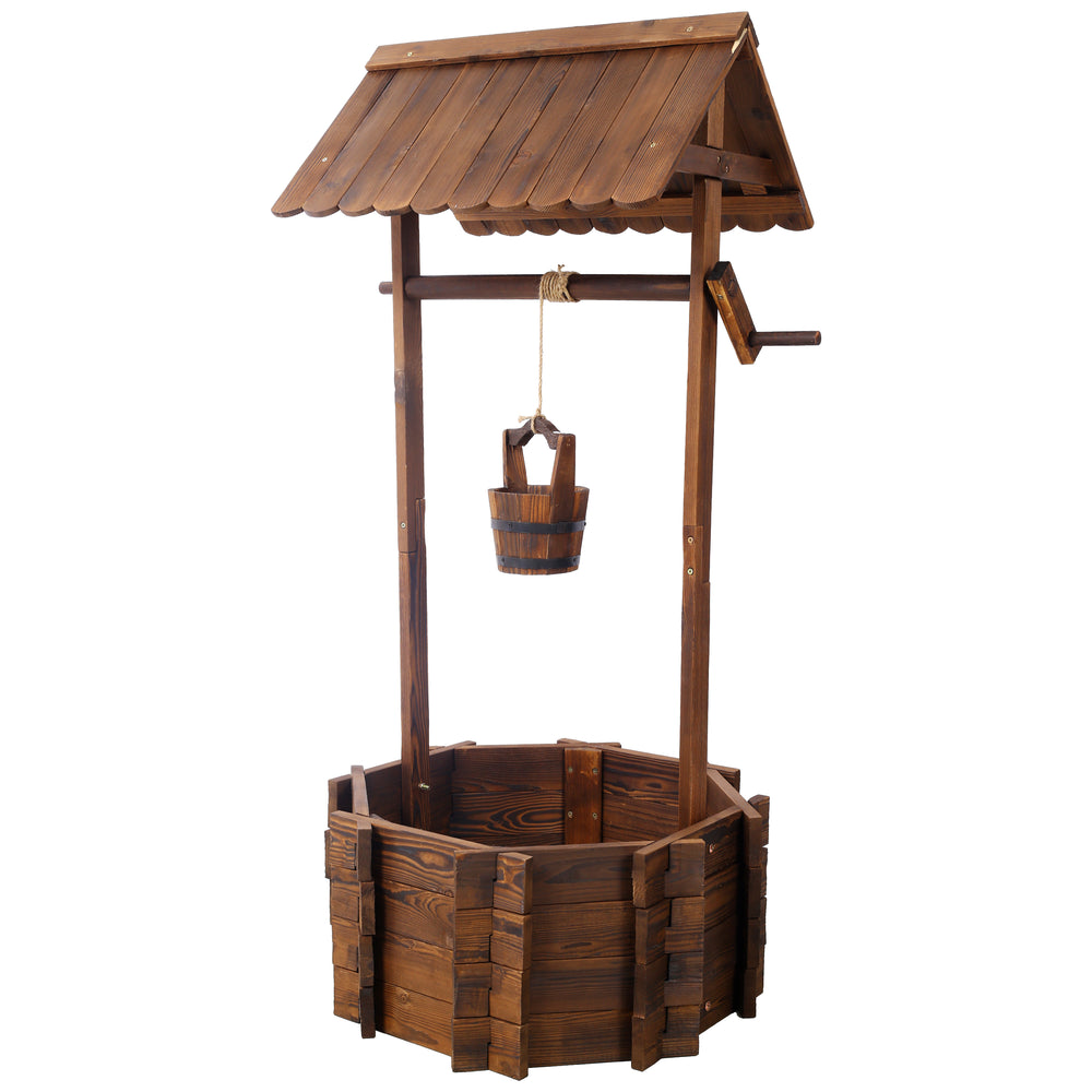 Rustic Wooden Wishing Well Planter Outdoor Home Décor for Patio, Garden, Yard w/Hanging Bucket Media 5