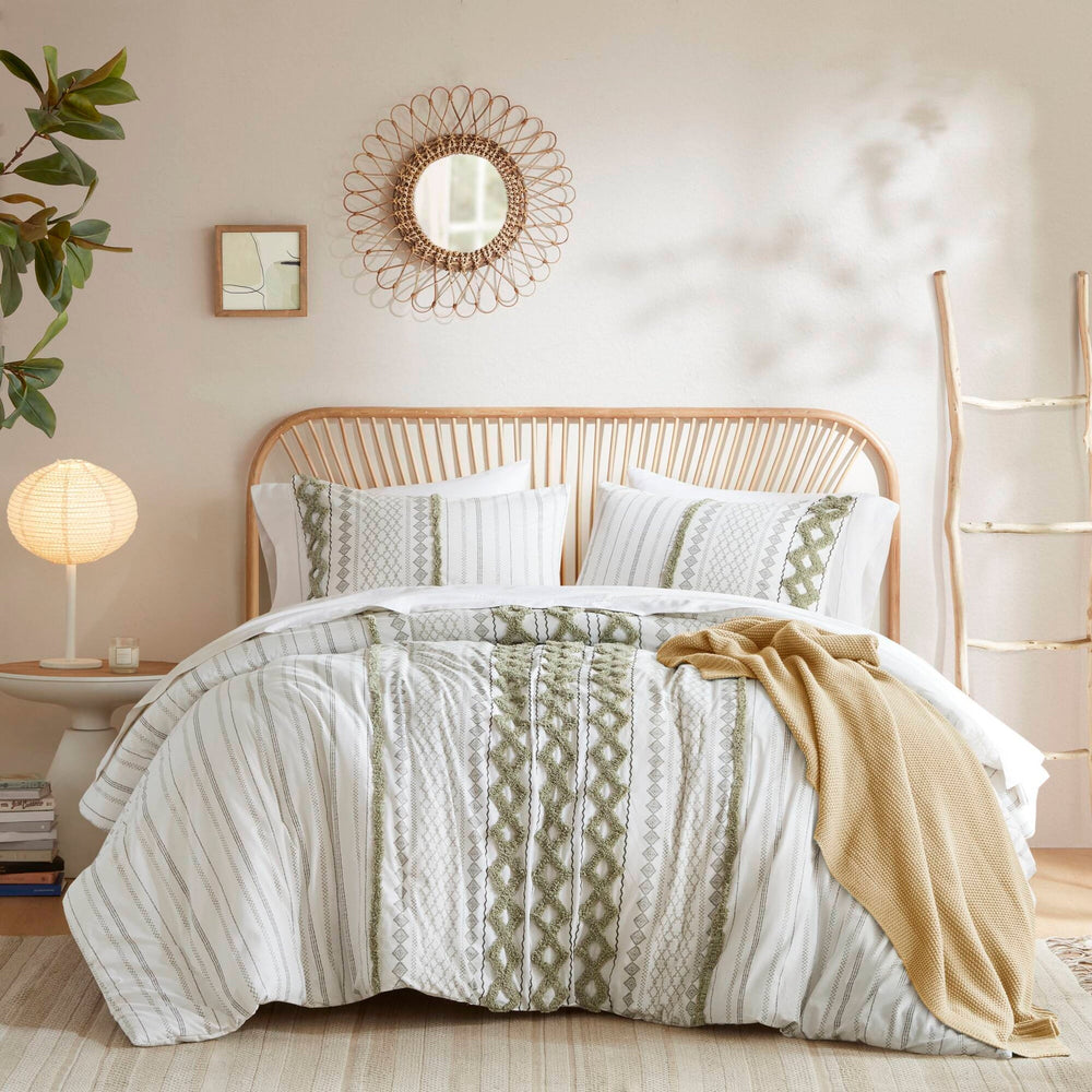 3 PCS Full/Queen Cotton Printed Comforter Set with Chenille Sage/Ivory Media 12