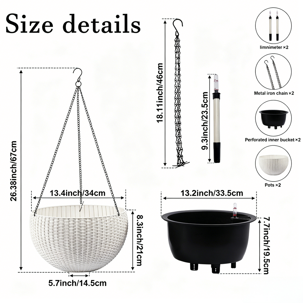 13.4 inch Self-Watering Hanging Rattan-Inspired Planter Large Capacity, Root-Rot Resistant Water Storage with Water Level Indicator, Dual-Use for Indoor & Balcony Decoration (Pack of 2, White) Media 3