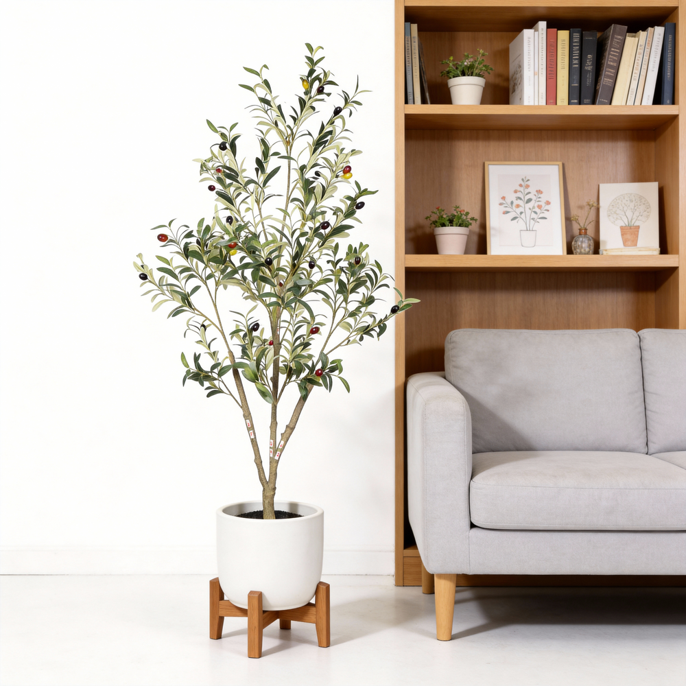 5' Artificial  Olive Tree in Black Plastic Pot, 1pc/set Media 1