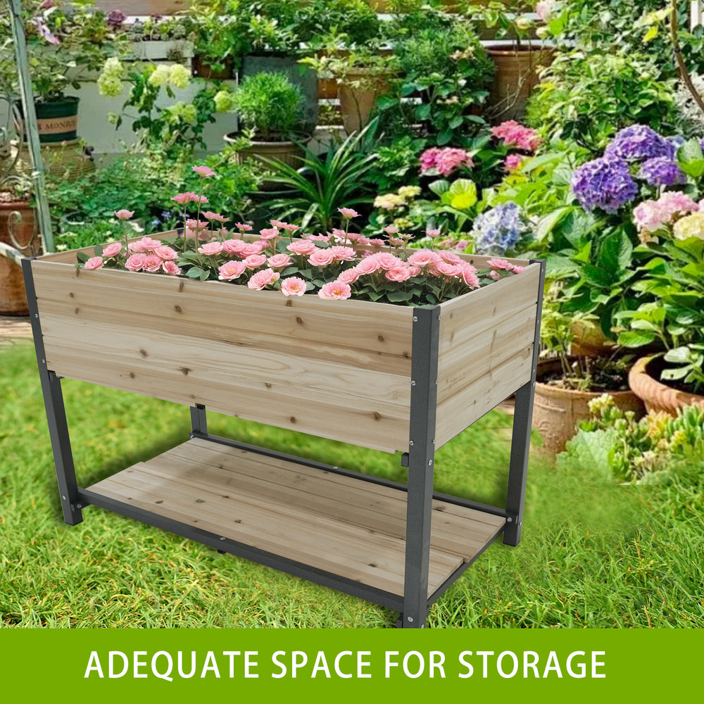 New style:     45'  Iron-wood combined growing beds with feet and storage racks. Suitable for various places such as gardens, backyards, terraces, balconies, etc. Media 5
