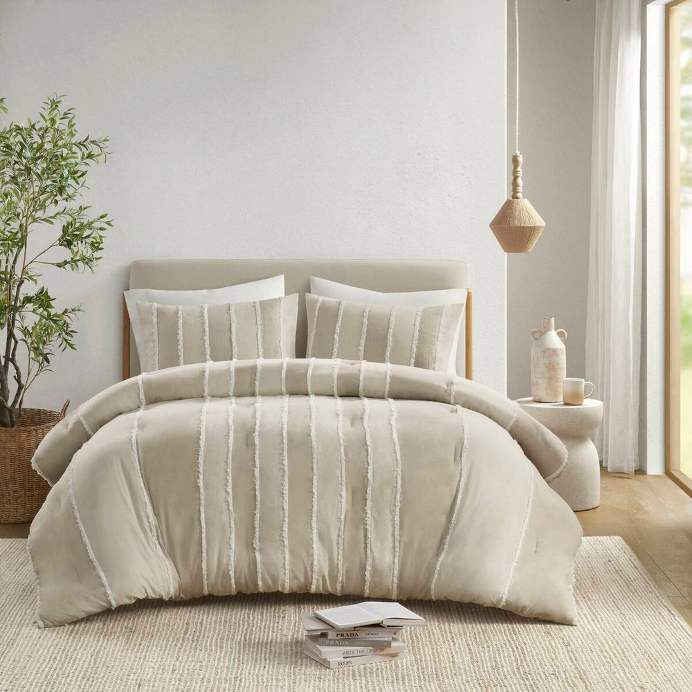 3 Piece Striped Cotton Comforter Set Taupe Full/Queen Media 1