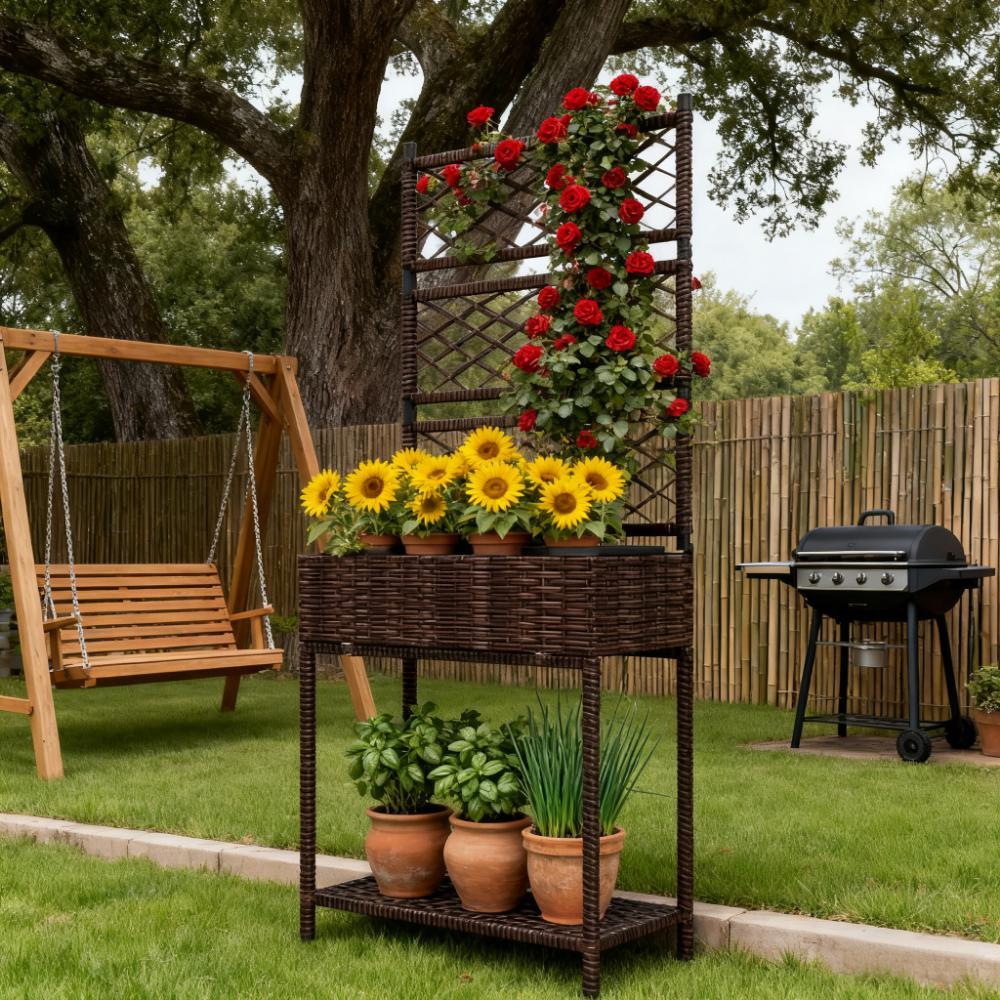 Freestanding Rattan Garden Box,Outdoor Wicker Planter with Trellis for Climbing Plants,with Storage Shelf Media 7