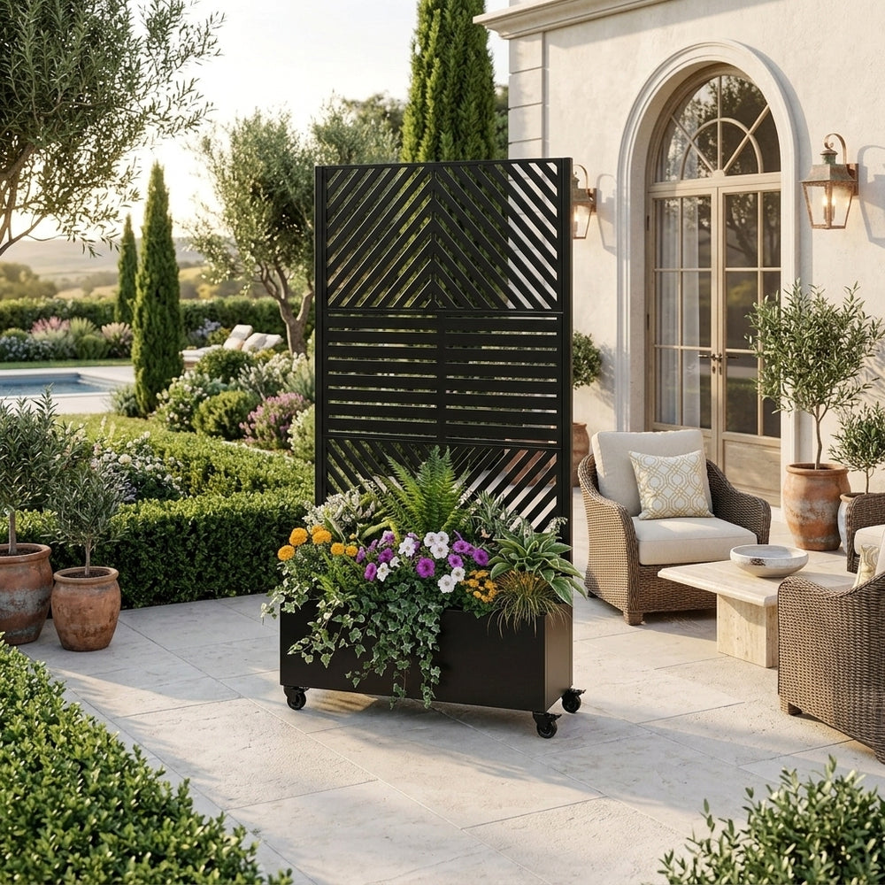 Metal Planter Box with Trellis, 73'x35'x16 Metal Raised Garden Bed with Trellis, Metal Planter Box with Drainage Holes & Lockable Wheels & Privacy Screen for Climbing Plants, Vegetables, Vines Media 1