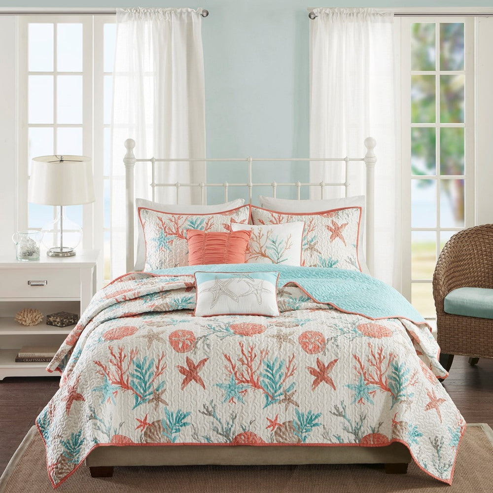 6 Piece Cotton Sateen Quilt Set with Throw Pillows Coral Full/Queen Media 2