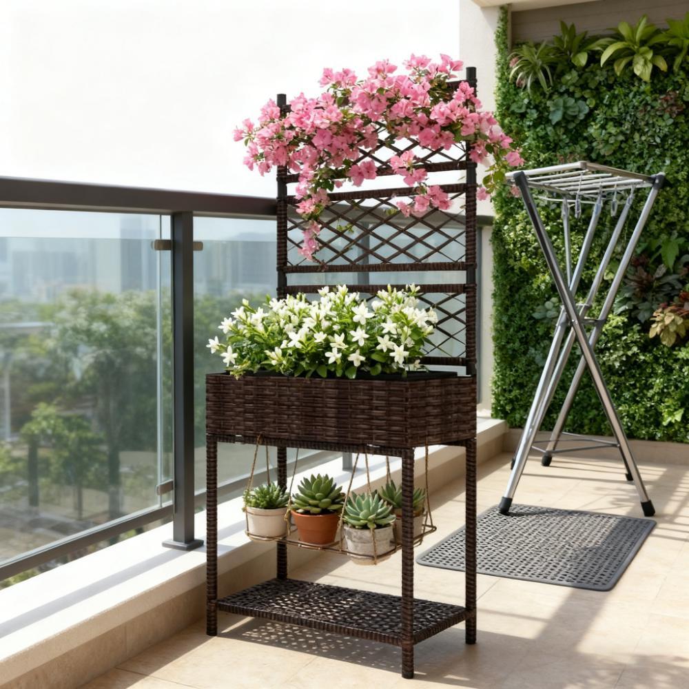 Freestanding Rattan Garden Box,Outdoor Wicker Planter with Trellis for Climbing Plants,with Storage Shelf Media 3