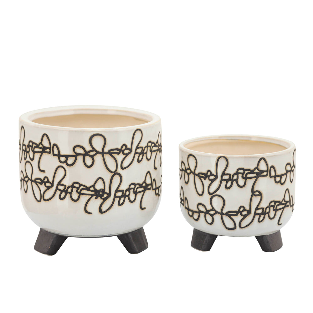 S/2 CERAMIC 6/8' SCRIBBLE FOOTED PLANTER, BEIGE Media 2