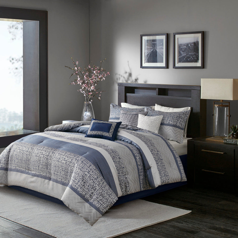 7 Piece Jacquard Comforter Set Navy Queen Media 1