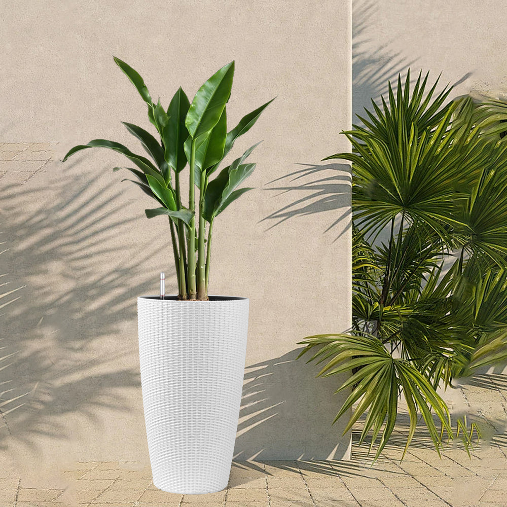 Faux Rattan Tall Planters Set with Water Level Monitor and Automatic Watering, White, Polypropylene, 22 Inch Media 9