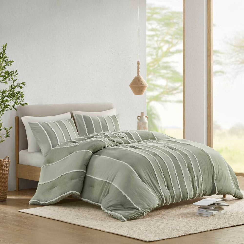 3 Piece Striped Cotton Comforter Set Sage Full/Queen Media 1