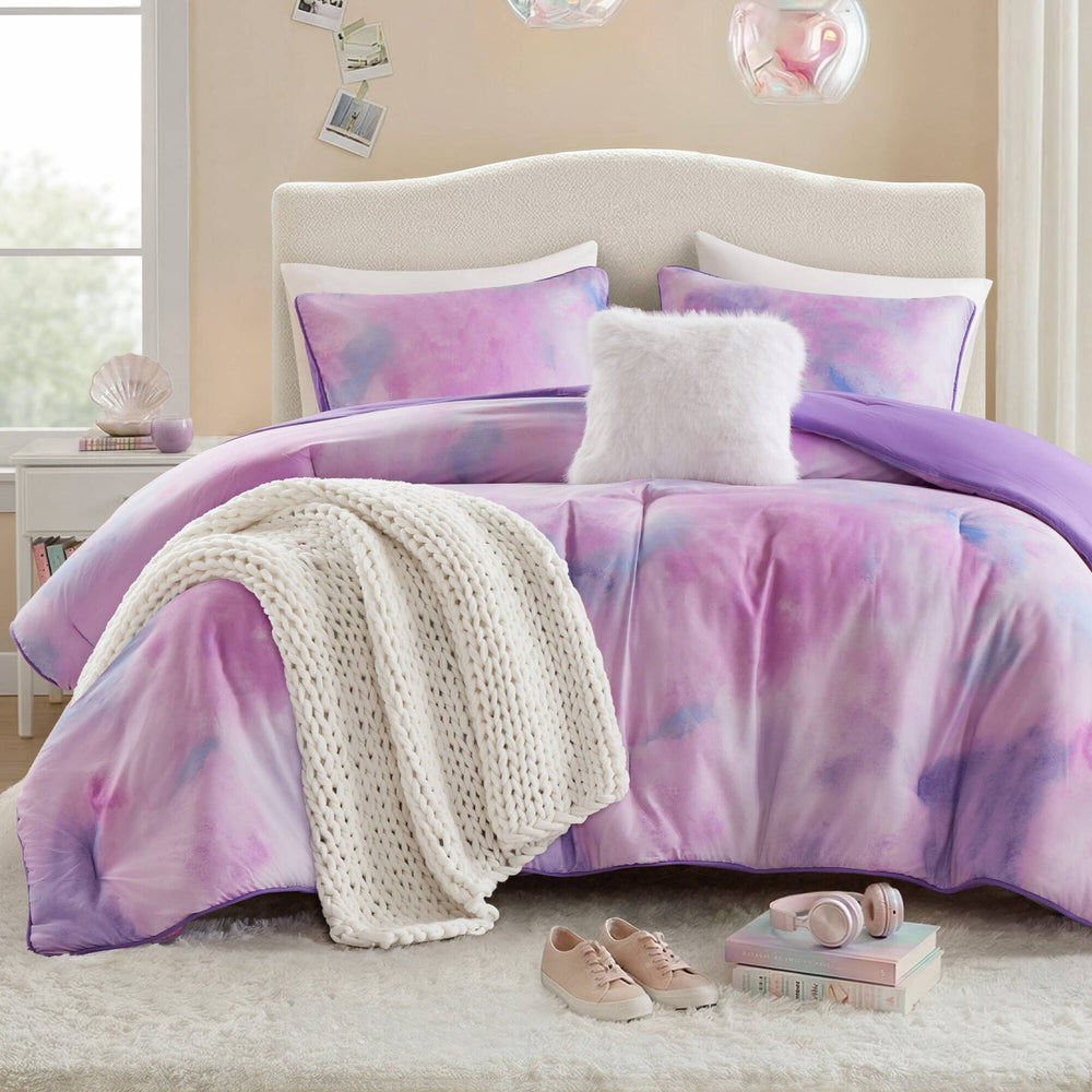 4 Pieces Full/Queen Watercolor Tie Dye Printed Comforter Set with Throw Pillow,Purple Media 5