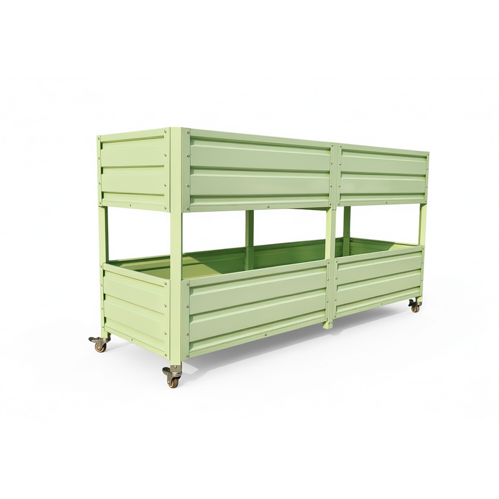 Dual Tier Elevated Metal Raised Garden Bed with Lockable Wheels, Staggered 2-Layer Raised Planter Box for Vegetables Herbs Flowers, Outdoor Patio Backyard Green Planting Bed,Green Media 15