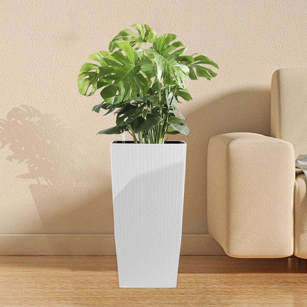 Indoor/Outdoor Modern Faux Rattan Design Square Planter, 22.6 inch White Plastic Large Planter with Automatic Watering System for Home and Garden (White, 22.6 inch - 2 Pack) Media 8