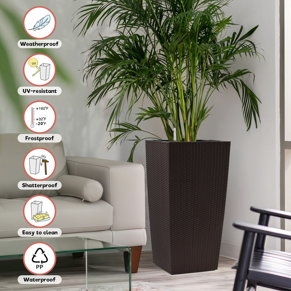 Brown Faux Rattan Large Self-Watering Flower Pot with Drainage Holes & Inner Tray, 30 in Tall Indoor Outdoor Planter for Garden Patio Porch Backyard Media 7