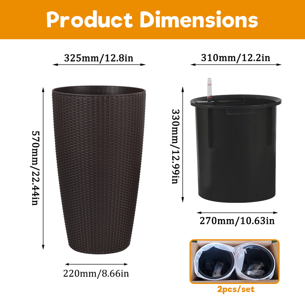Faux Rattan Tall Planters Set of 2 with Water Level Monitor and Automatic Watering, Brown, 22 Inch Media 3