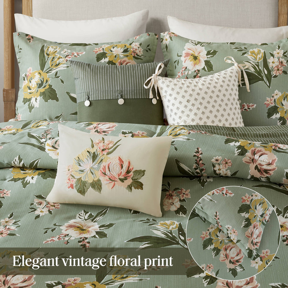 7-Piece Queen Vin  Floral Comforter Set, Green Media 14