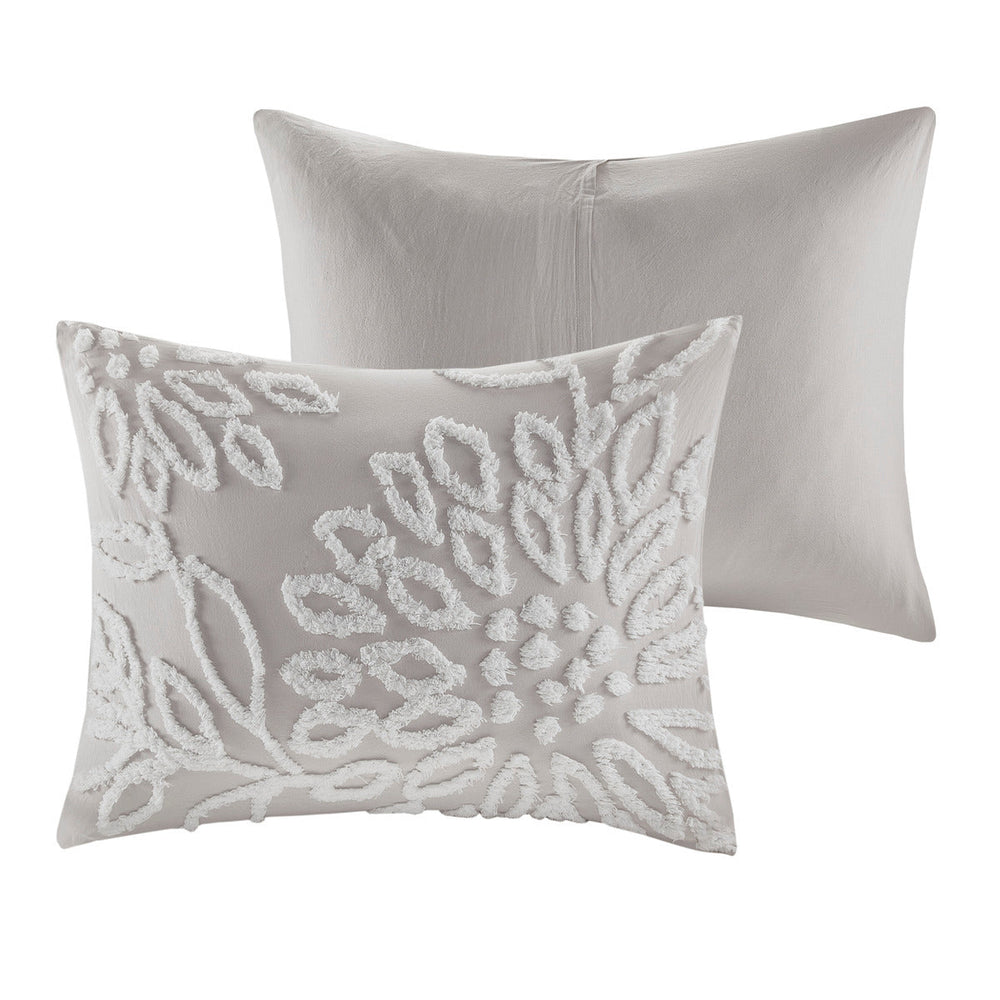3 Piece Tufted Cotton Chenille Floral Comforter Set Warm Grey/White Full/Queen Media 8