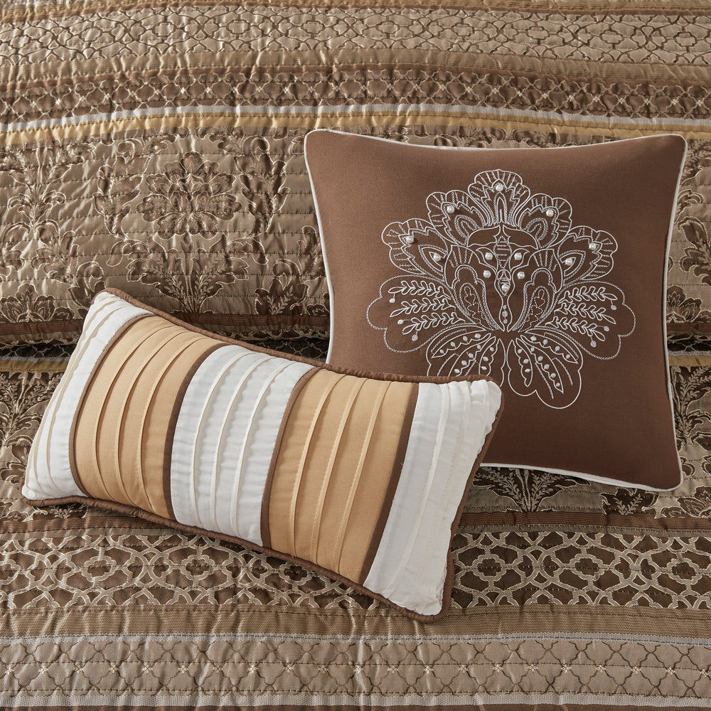6 Piece Jacquard Quilt Set with Throw Pillows Brown/Gold King/Cal King Media 9