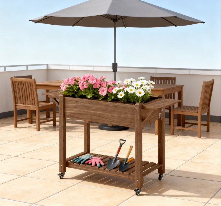 Convenient Elevated Garden Bed,Wood Raised Planter Box,with Lockable Wheels,Side Tables,Bottom Shelf,Drain Holes Media 4