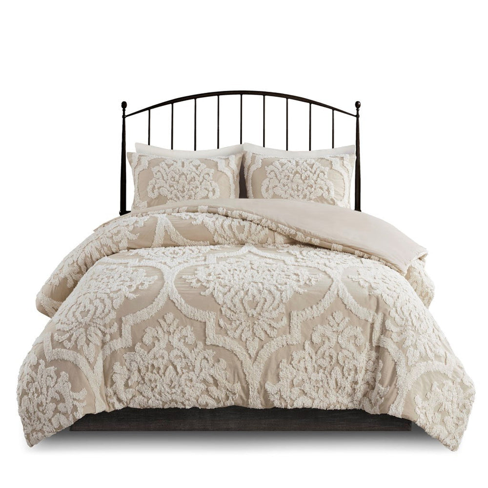 King/Cal King 3 piece Tufted Cotton Chenille Damask Duvet Cover Set Media 3