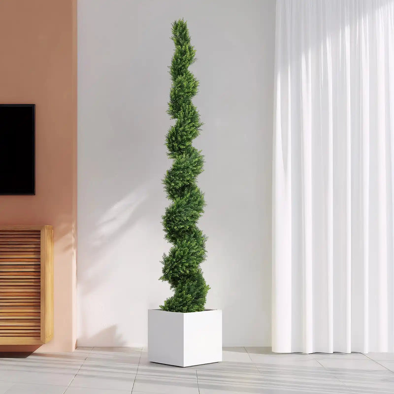 7FT Tall Artificial Two-Tone Cypress Pine Tree – Realistic Lifelike Faux Greenery with Natural Dual Color Leaves for Indoor Outdoor Home Office Decoration, Potted Fake Tree, 1pc/set