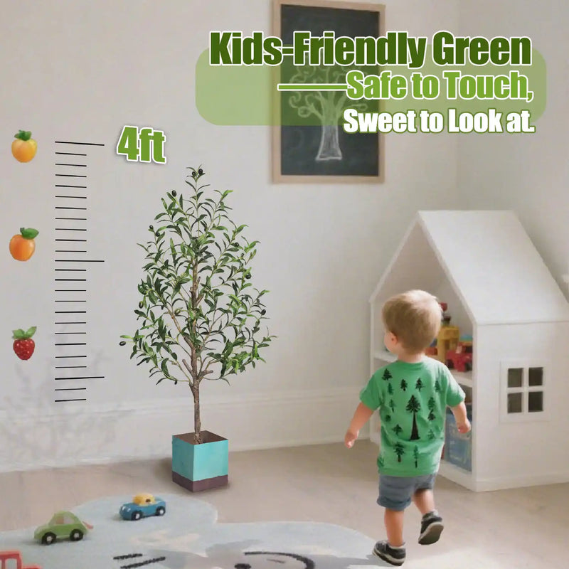 Artificial Olive Tree with Water Droplets: 4ft Potted Realistic Fake Plant Trees with Fruits for Indoor Home Room Office Balcony Decor
