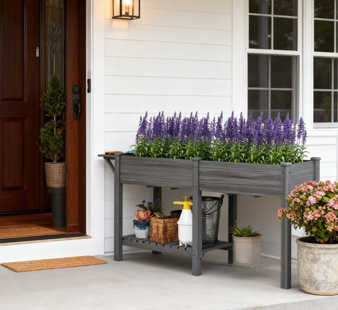 Spacious Elevated Garden Bed,Wood Raised Garden Box,with Side Table,Bottom Shelf,Bed Liners and Drainage Holes Media 9