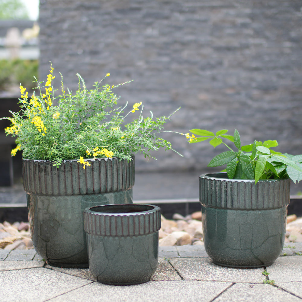 Handmade Ceramic Planter Set of 3, 15/12/9 Inch Diameter, Dark Green Vertical Ribbed Pattern, for Succulents Indoor/Outdoor Use on Windowsill & Bookshelf, Breathable Clay Media 2