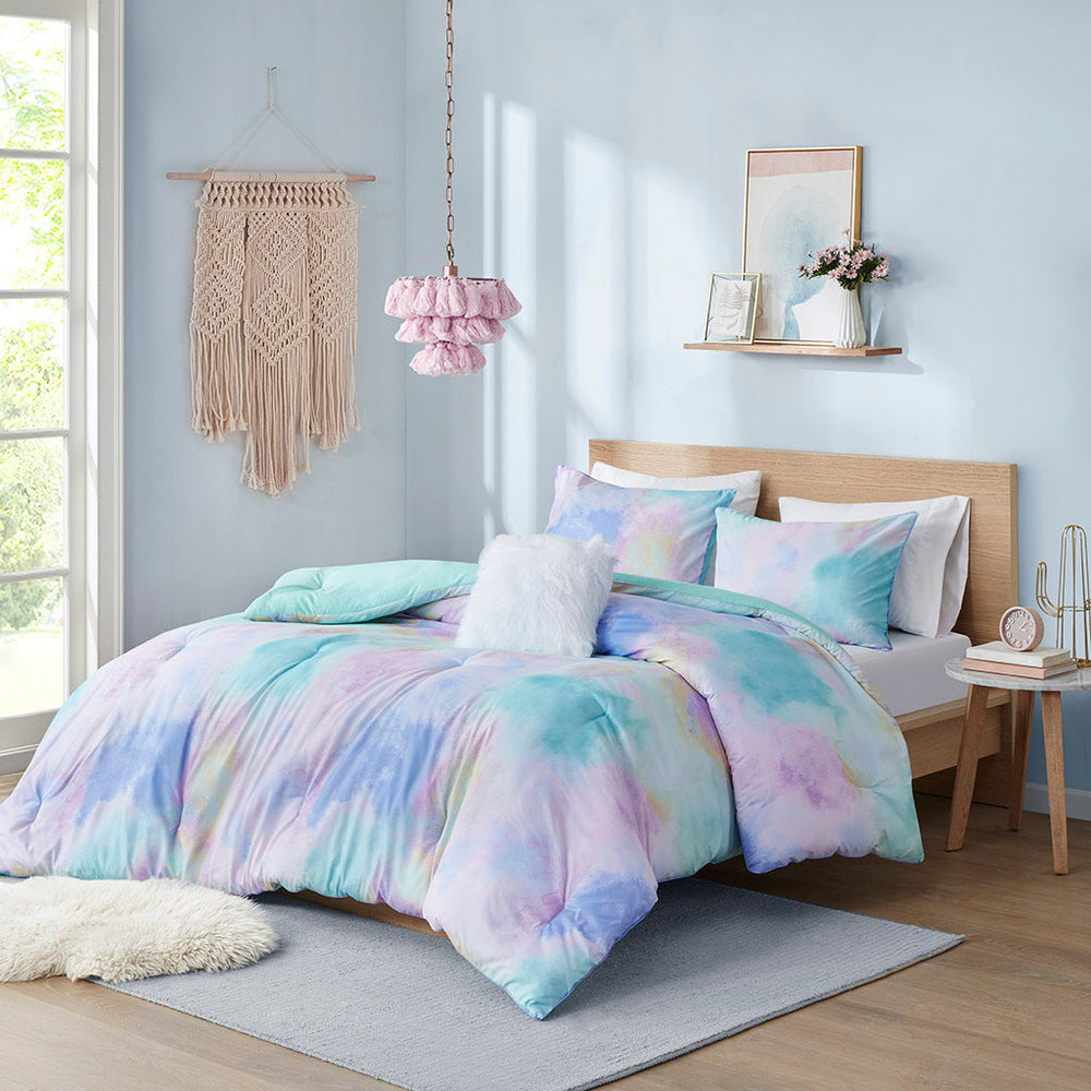 Full/Queen Watercolor Tie Dye Printed Comforter Set with Throw Pillow Media 1