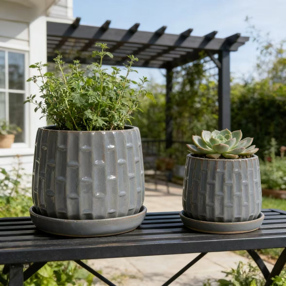 Handmade Gray Glazed Ceramic Planter Set of 2, 6' & 8' Diameter, Vertical Ribbed Pattern, for Succulents & Herbs Indoor/Outdoor Shelf & Table Use, Breathable Clay with Saucers Media 2
