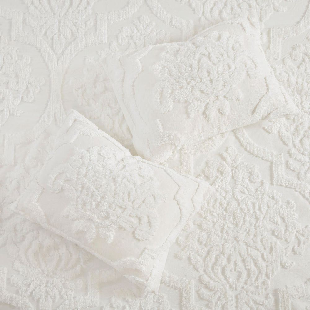 3 Piece Tufted Cotton Chenille Damask Comforter Set Off-White Full/Queen Media 7